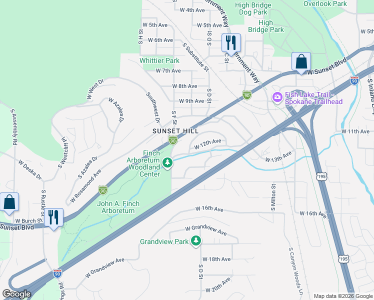 map of restaurants, bars, coffee shops, grocery stores, and more near 3236 West Woodland Boulevard in Spokane