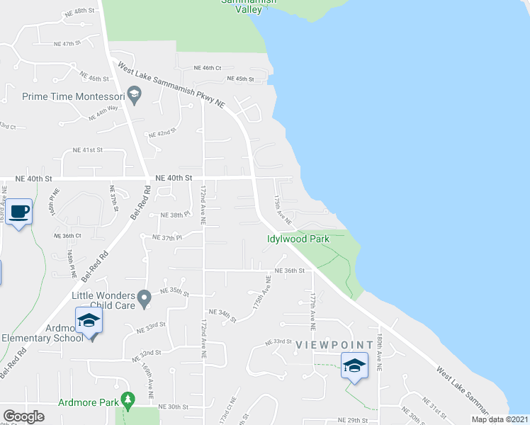 map of restaurants, bars, coffee shops, grocery stores, and more near 3827 West Lake Sammamish Parkway Northeast in Redmond