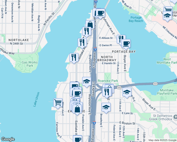 map of restaurants, bars, coffee shops, grocery stores, and more near 2637 Boylston Avenue East in Seattle