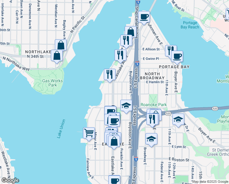 map of restaurants, bars, coffee shops, grocery stores, and more near 217 East Edgar Street in Seattle