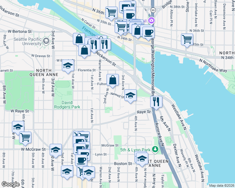 map of restaurants, bars, coffee shops, grocery stores, and more near 2703 3rd Avenue North in Seattle