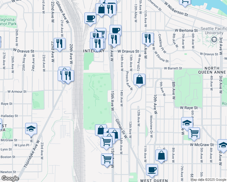 map of restaurants, bars, coffee shops, grocery stores, and more near 2656 15th Avenue West in Seattle