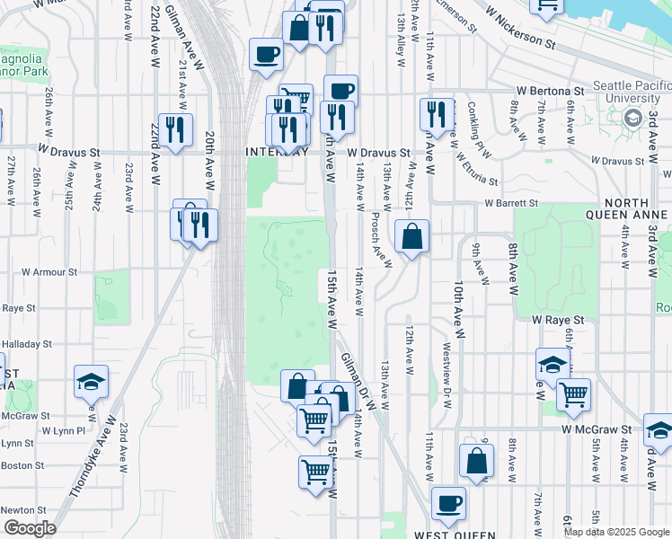map of restaurants, bars, coffee shops, grocery stores, and more near 2800 15th Avenue West in Seattle