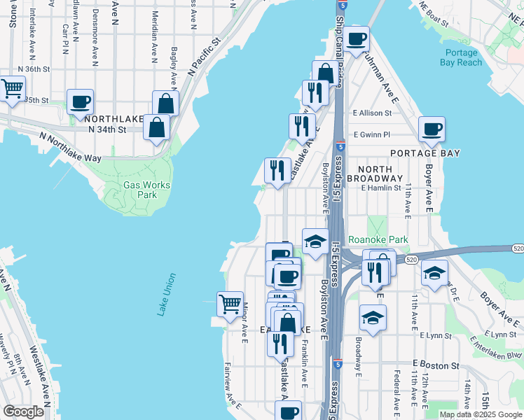 map of restaurants, bars, coffee shops, grocery stores, and more near 100 East Edgar Street in Seattle