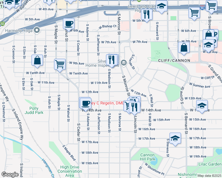 map of restaurants, bars, coffee shops, grocery stores, and more near 1036 West 12th Avenue in Spokane