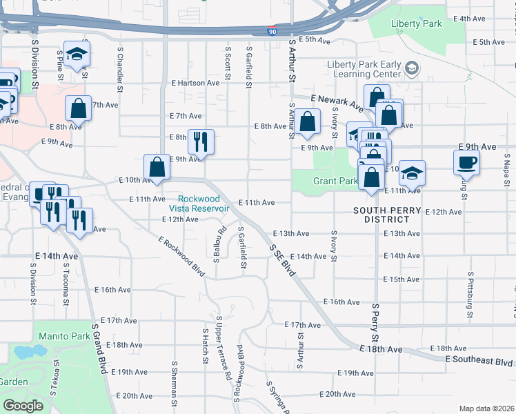 map of restaurants, bars, coffee shops, grocery stores, and more near 840 East 11th Avenue in Spokane