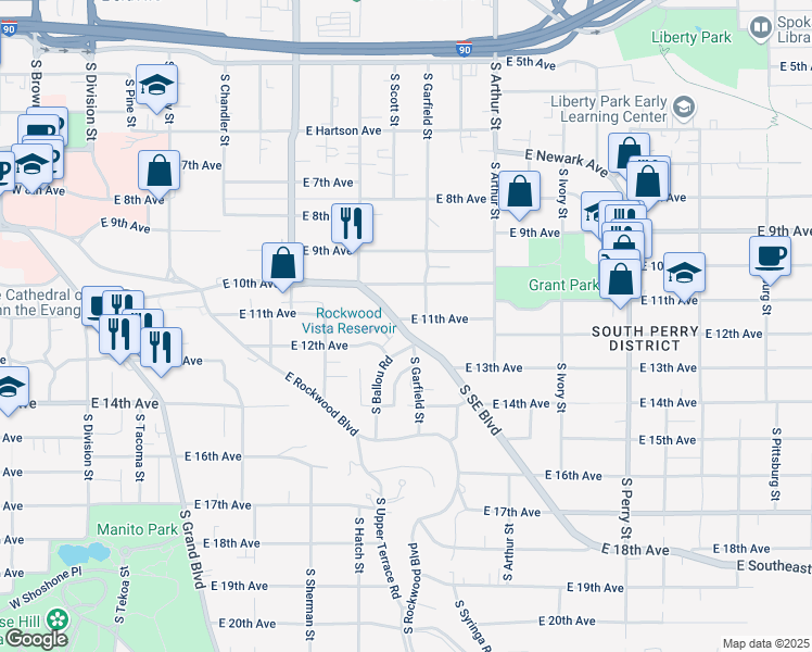 map of restaurants, bars, coffee shops, grocery stores, and more near 1204 South Ballou Road in Spokane