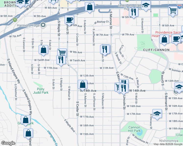 map of restaurants, bars, coffee shops, grocery stores, and more near 1208 West 12th Avenue in Spokane