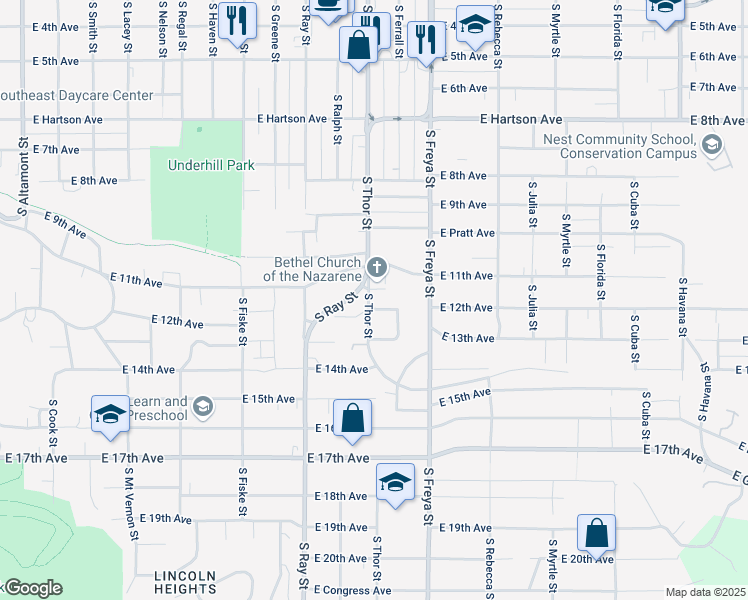 map of restaurants, bars, coffee shops, grocery stores, and more near 3403 East 12th Avenue in Spokane