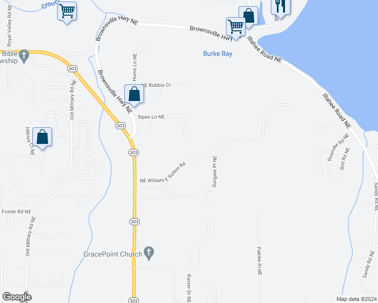 map of restaurants, bars, coffee shops, grocery stores, and more near 2030 Northeast William E Sutton Road in Bremerton