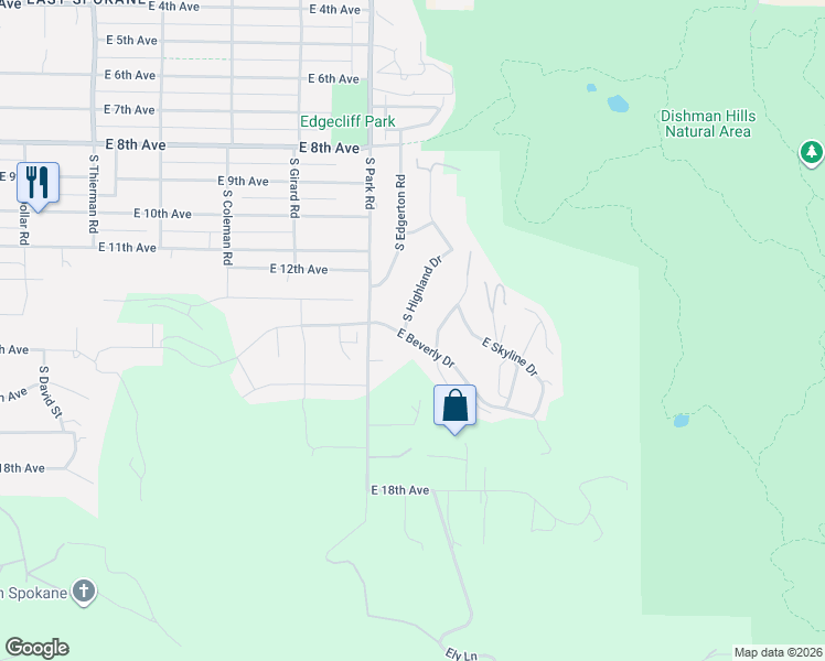 map of restaurants, bars, coffee shops, grocery stores, and more near 7520 East Beverly Drive in Spokane Valley