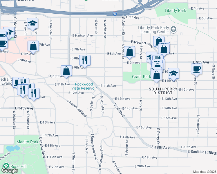 map of restaurants, bars, coffee shops, grocery stores, and more near 840 East 11th Avenue in Spokane