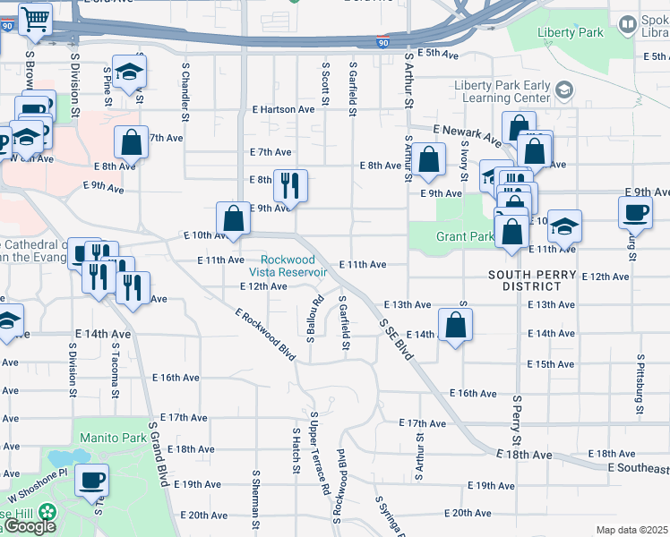 map of restaurants, bars, coffee shops, grocery stores, and more near 1204 South Ballou Road in Spokane