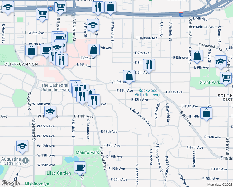 map of restaurants, bars, coffee shops, grocery stores, and more near 401 East 12th Avenue in Spokane