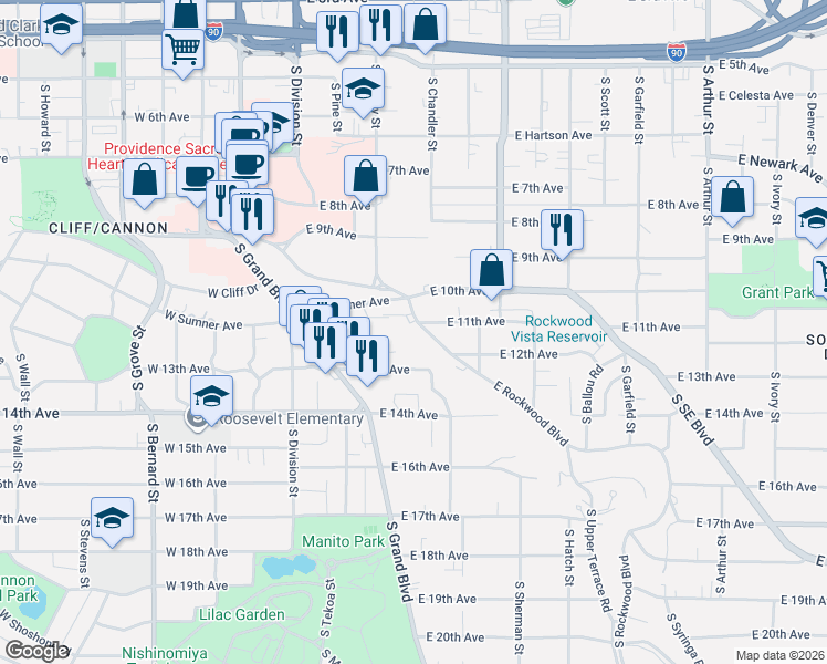 map of restaurants, bars, coffee shops, grocery stores, and more near 300 East Rockwood Boulevard in Spokane
