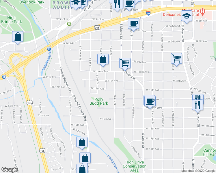 map of restaurants, bars, coffee shops, grocery stores, and more near 1729 South Cherry Street in Spokane