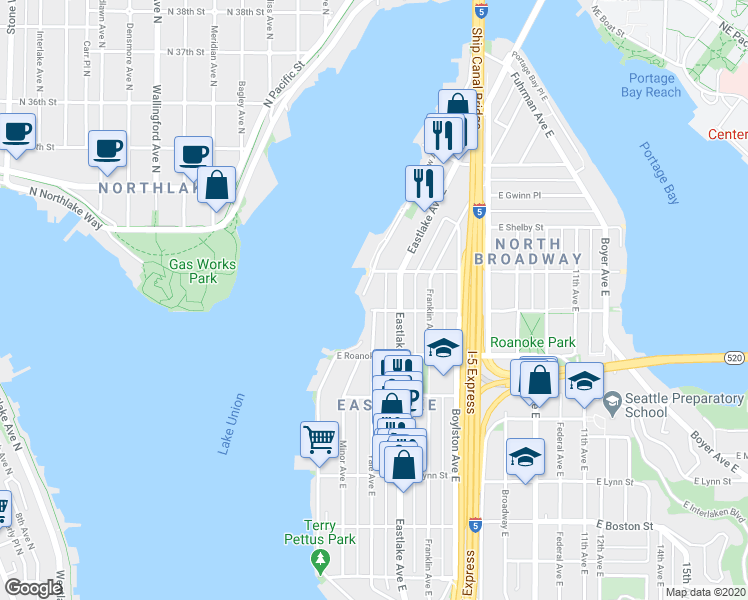 map of restaurants, bars, coffee shops, grocery stores, and more near 128 East Edgar Street in Seattle