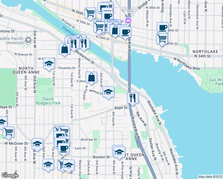 map of restaurants, bars, coffee shops, grocery stores, and more near 2700 Nob Hill Avenue North in Seattle