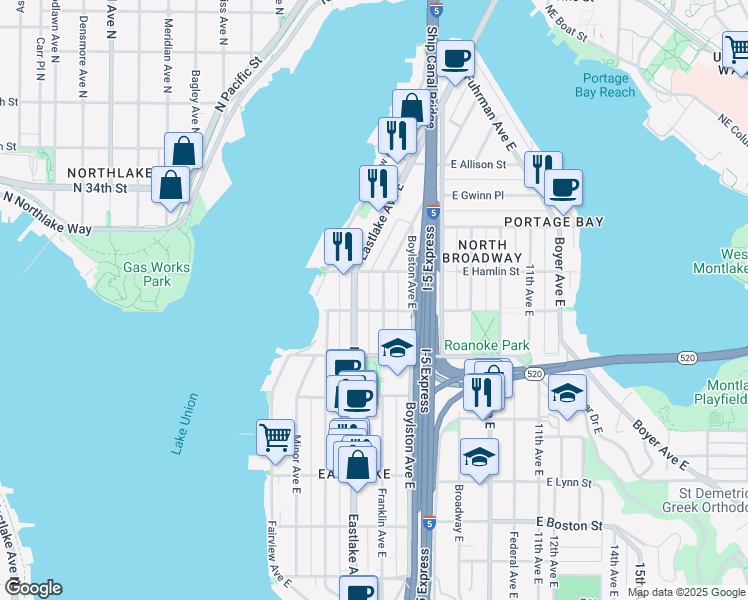 map of restaurants, bars, coffee shops, grocery stores, and more near 2707 Franklin Avenue East in Seattle