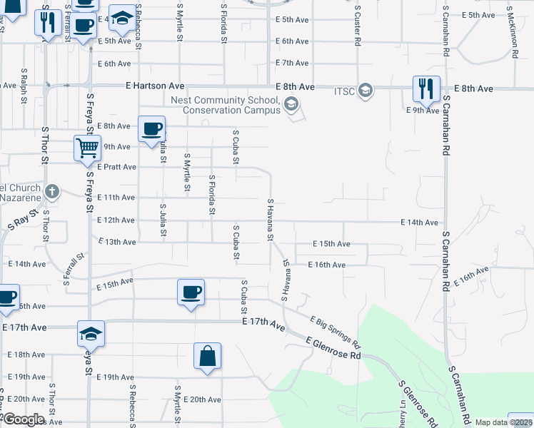 map of restaurants, bars, coffee shops, grocery stores, and more near 4241 East 12th Avenue in Spokane