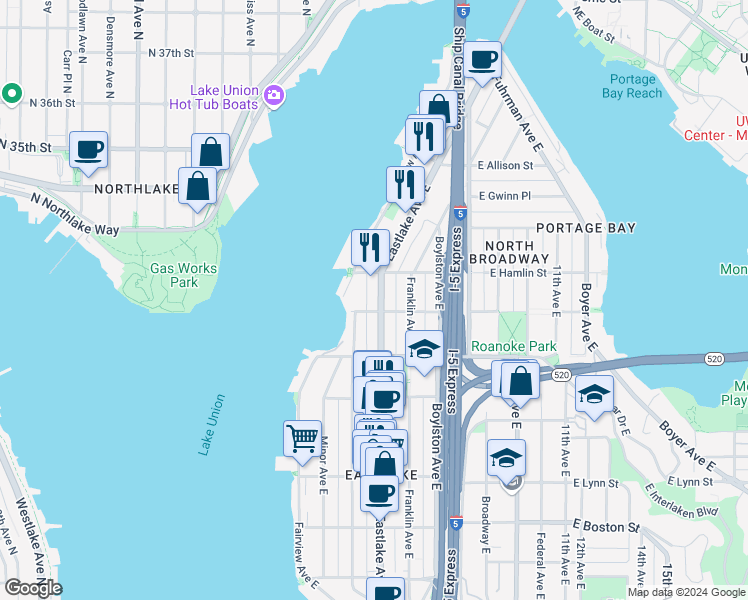 map of restaurants, bars, coffee shops, grocery stores, and more near 128 East Edgar Street in Seattle