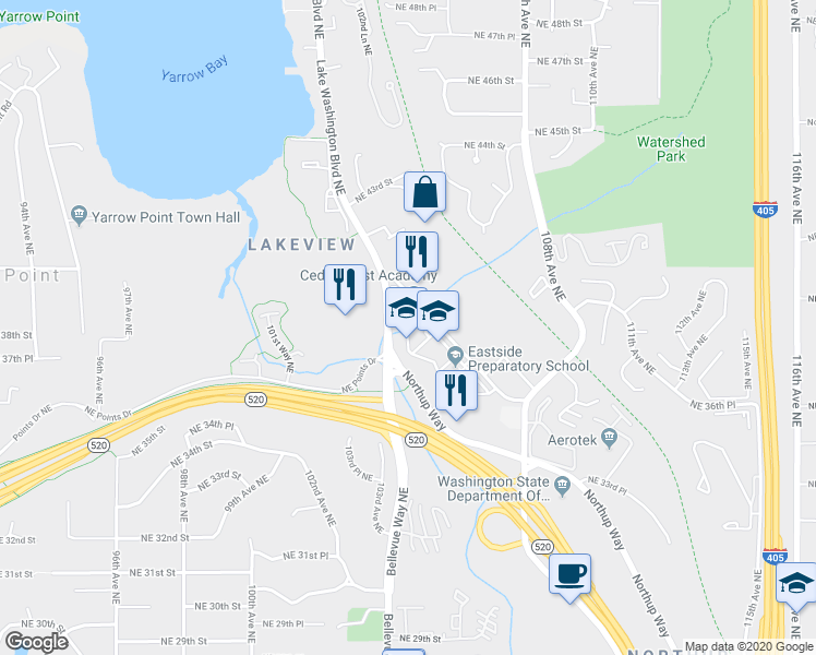 map of restaurants, bars, coffee shops, grocery stores, and more near 10502 Northeast 37th Circle in Kirkland