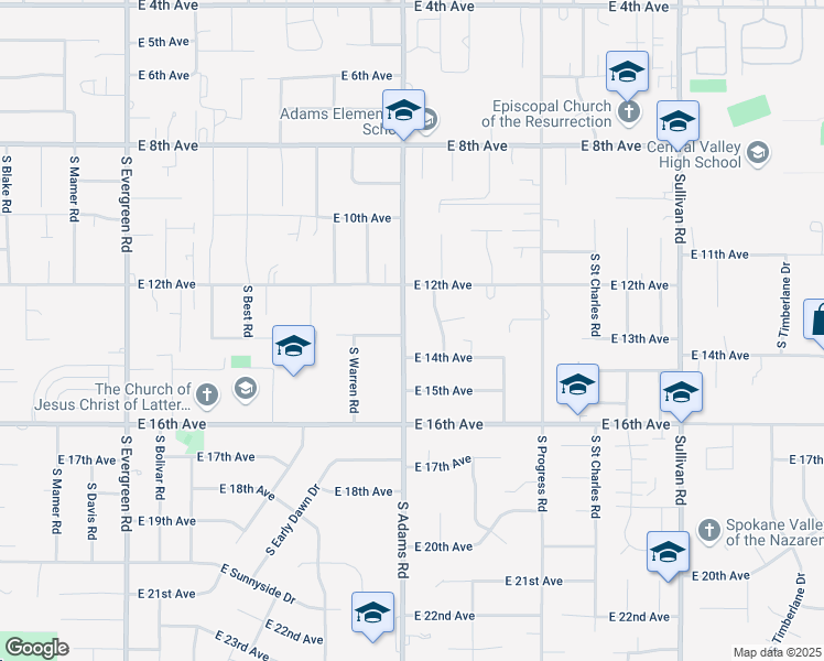 map of restaurants, bars, coffee shops, grocery stores, and more near 1315 South Adams Road in Spokane Valley