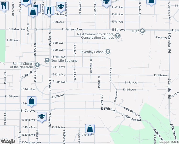 map of restaurants, bars, coffee shops, grocery stores, and more near 4018 East 12th Avenue in Spokane