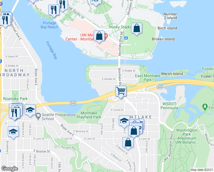 map of restaurants, bars, coffee shops, grocery stores, and more near 2725 Montlake Boulevard East in Seattle
