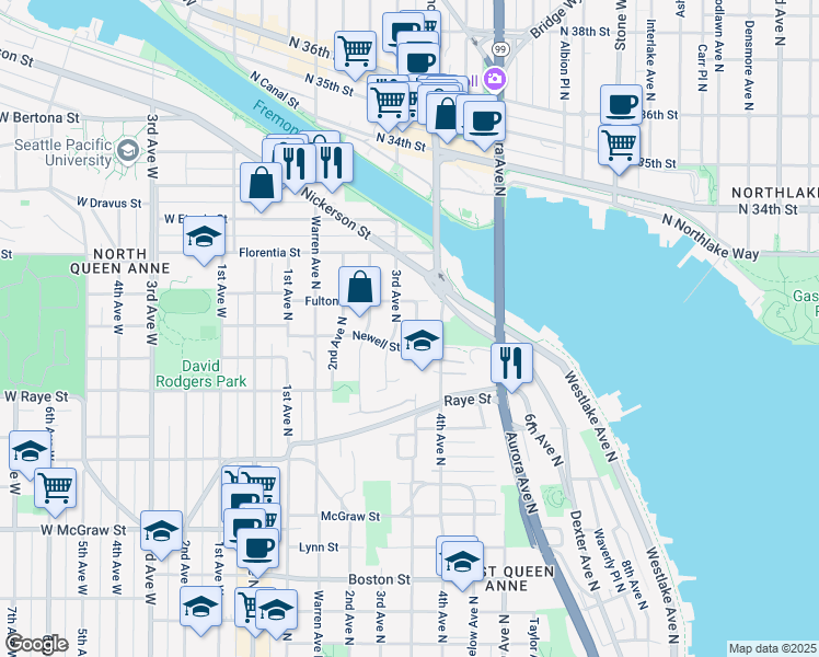 map of restaurants, bars, coffee shops, grocery stores, and more near 2700 Nob Hill Avenue North in Seattle