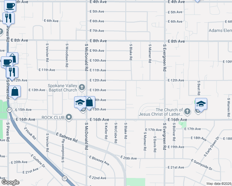 map of restaurants, bars, coffee shops, grocery stores, and more near 13323 East 14th Avenue in Spokane Valley