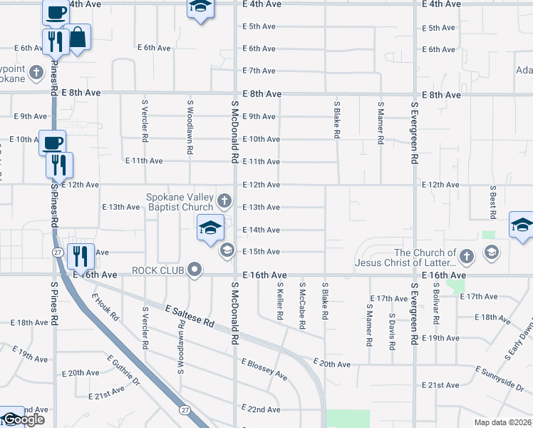 map of restaurants, bars, coffee shops, grocery stores, and more near 13223 East 14th Avenue in Spokane Valley