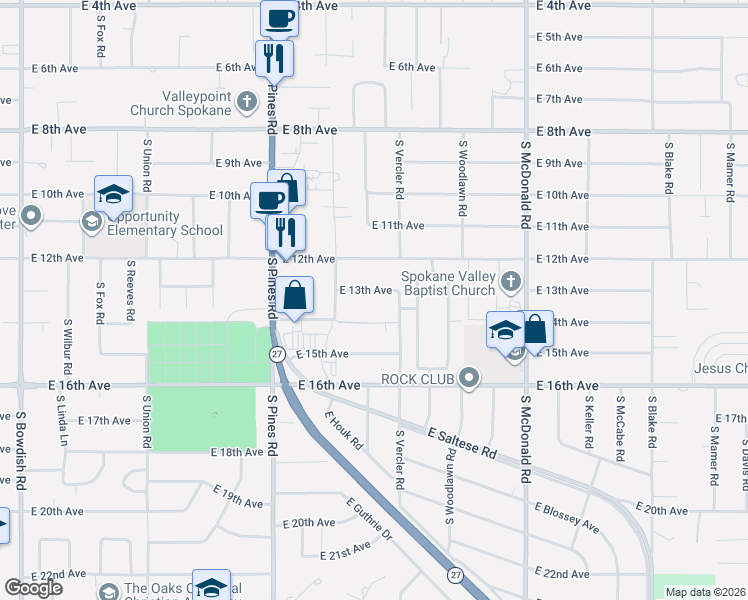 map of restaurants, bars, coffee shops, grocery stores, and more near 12609 East 14th Avenue in Spokane Valley