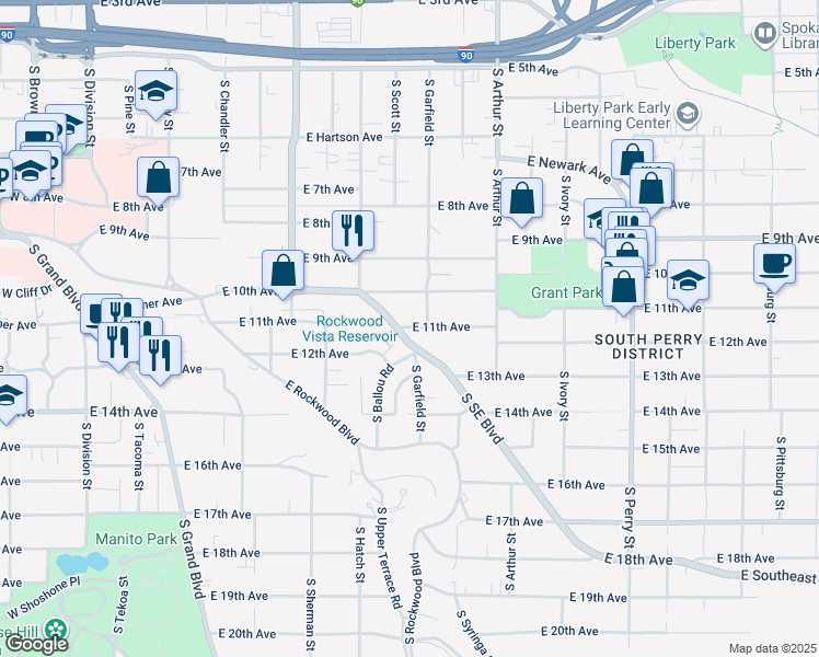 map of restaurants, bars, coffee shops, grocery stores, and more near 1204 South Ballou Road in Spokane