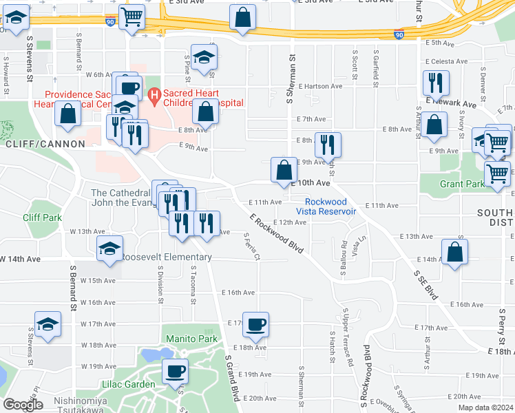 map of restaurants, bars, coffee shops, grocery stores, and more near 401 East 12th Avenue in Spokane