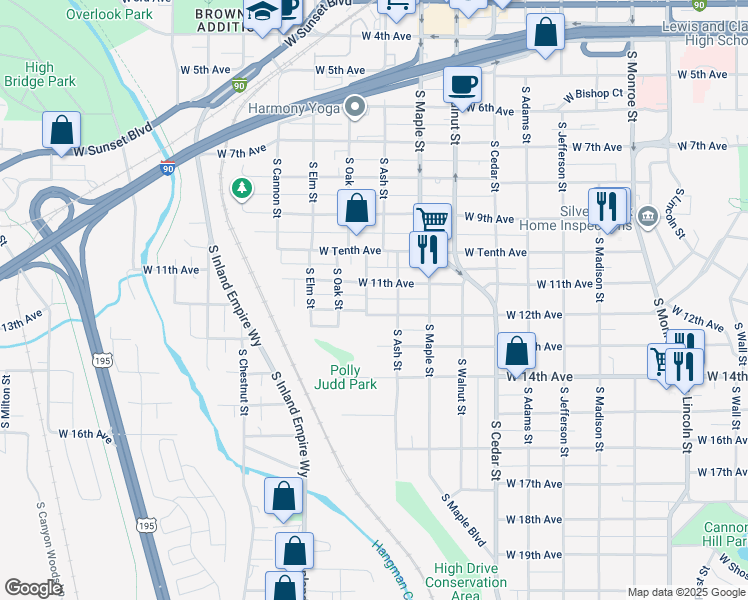 map of restaurants, bars, coffee shops, grocery stores, and more near 1729 South Cherry Street in Spokane