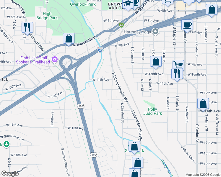 map of restaurants, bars, coffee shops, grocery stores, and more near 2215 West 12th Avenue in Spokane