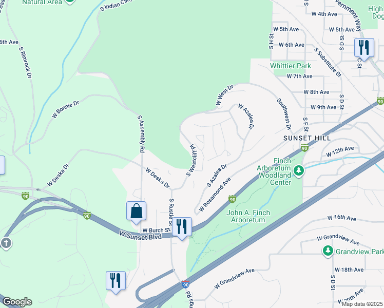 map of restaurants, bars, coffee shops, grocery stores, and more near 1101 South Westcliff Place in Spokane