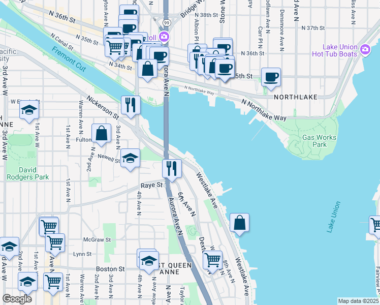 map of restaurants, bars, coffee shops, grocery stores, and more near 2738 Westlake Avenue North in Seattle