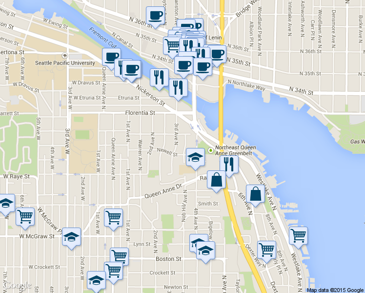 map of restaurants, bars, coffee shops, grocery stores, and more near 2700 Nob Hill Avenue North in Seattle