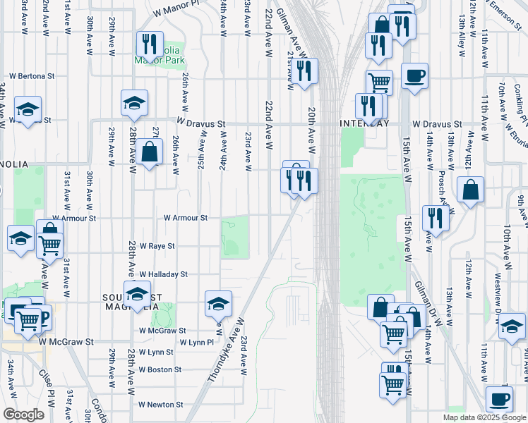 map of restaurants, bars, coffee shops, grocery stores, and more near 2653 22nd Avenue West in Seattle