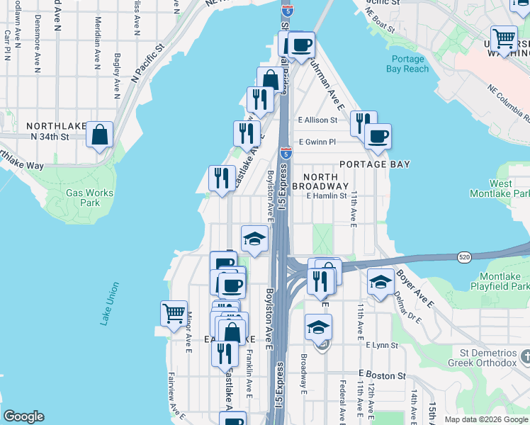 map of restaurants, bars, coffee shops, grocery stores, and more near 2637 Boylston Avenue East in Seattle