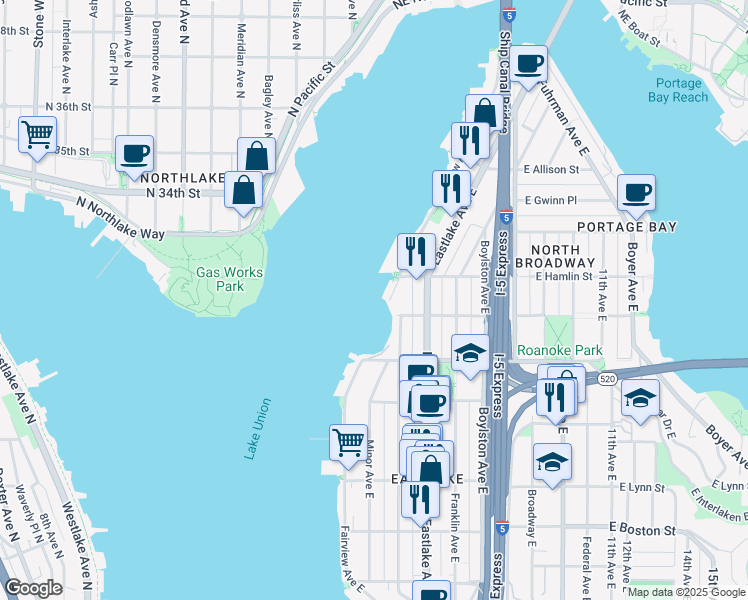 map of restaurants, bars, coffee shops, grocery stores, and more near 100 East Edgar Street in Seattle