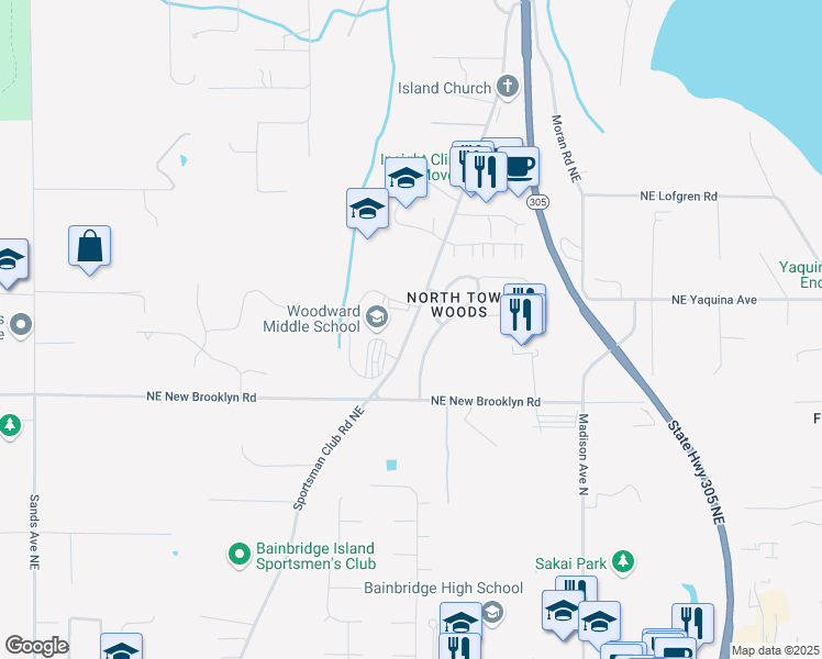 map of restaurants, bars, coffee shops, grocery stores, and more near 9100 Sportsman Club Road Northeast in Bainbridge Island
