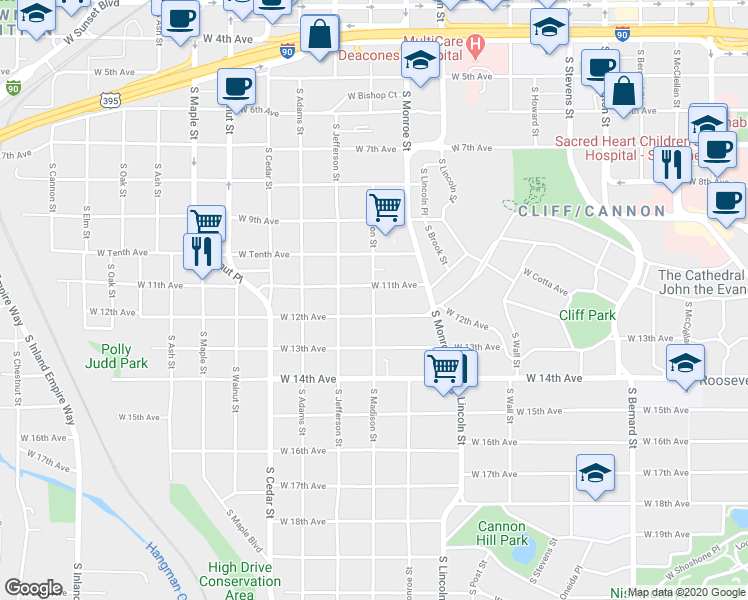 map of restaurants, bars, coffee shops, grocery stores, and more near 1133 South Madison Street in Spokane