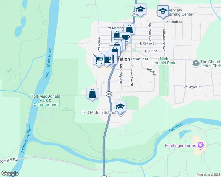 map of restaurants, bars, coffee shops, grocery stores, and more near Tolt Avenue in Carnation