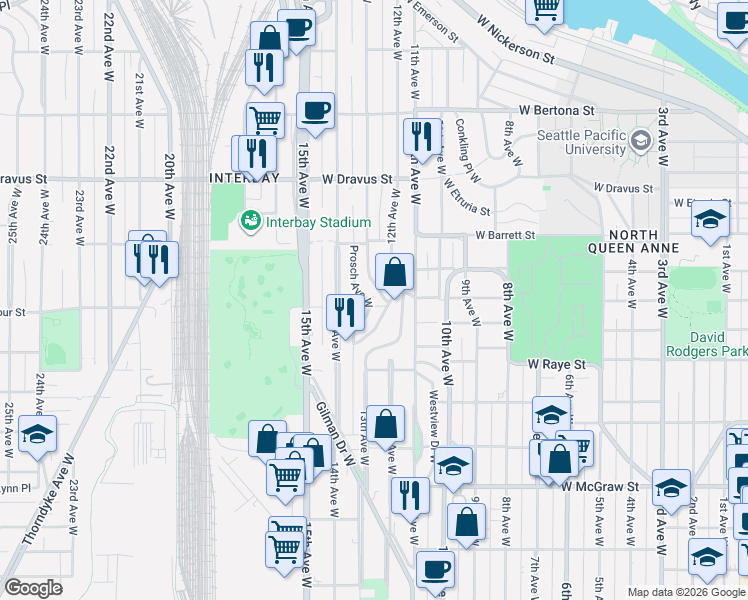 map of restaurants, bars, coffee shops, grocery stores, and more near 2804 Prosch Avenue West in Seattle