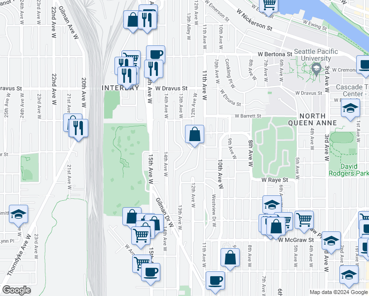 map of restaurants, bars, coffee shops, grocery stores, and more near 2804 Prosch Avenue West in Seattle