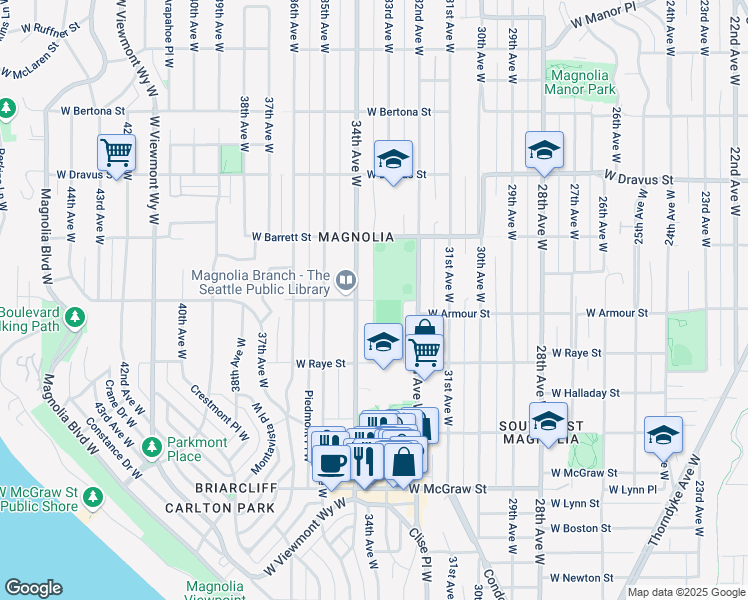 map of restaurants, bars, coffee shops, grocery stores, and more near West Armour Street in Seattle