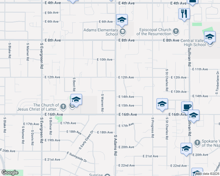 map of restaurants, bars, coffee shops, grocery stores, and more near 14608 East 13th Avenue in Spokane Valley